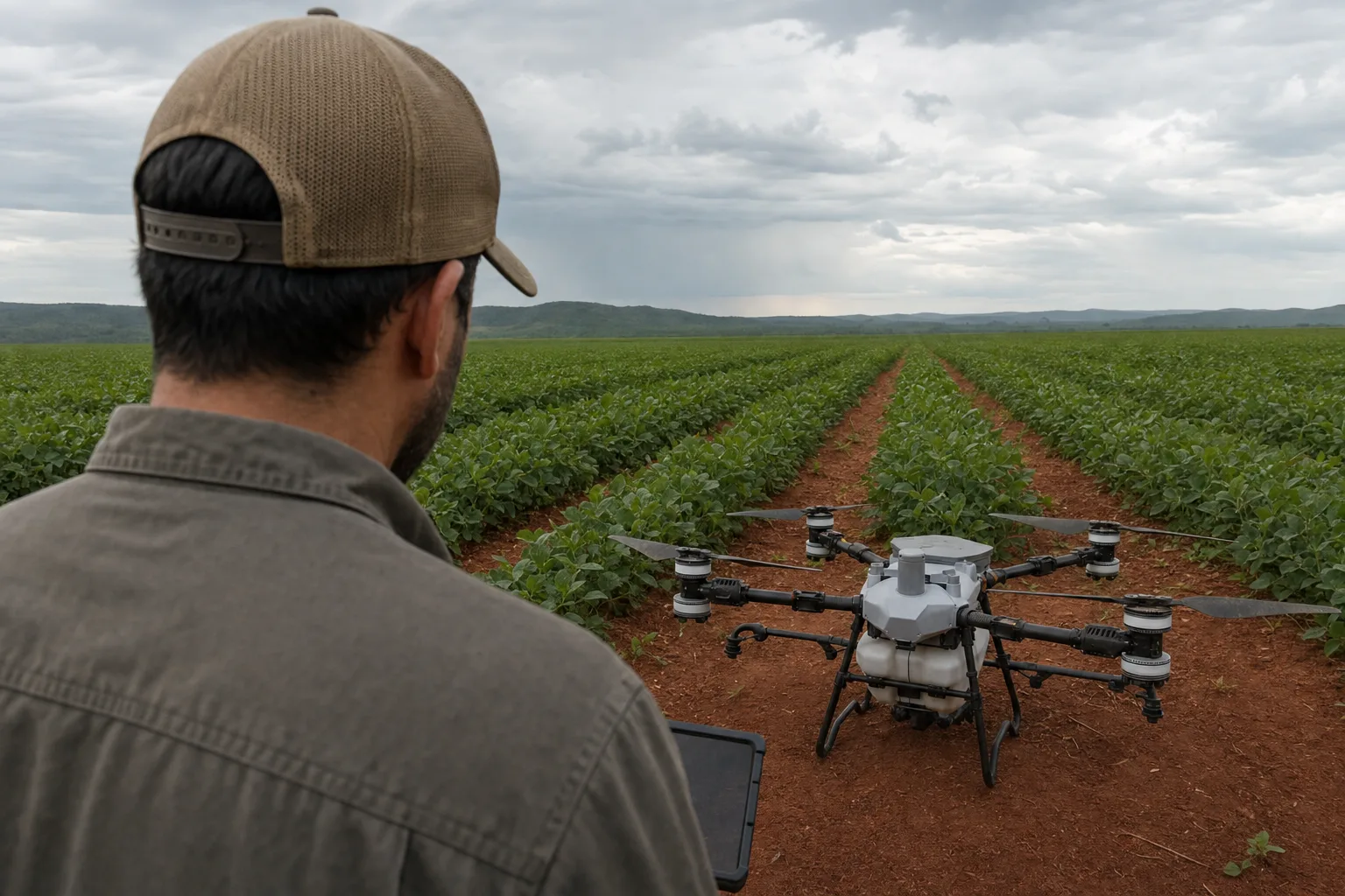 A person wearing a cap and holding a tablet looks toward a large drone parked in a field.