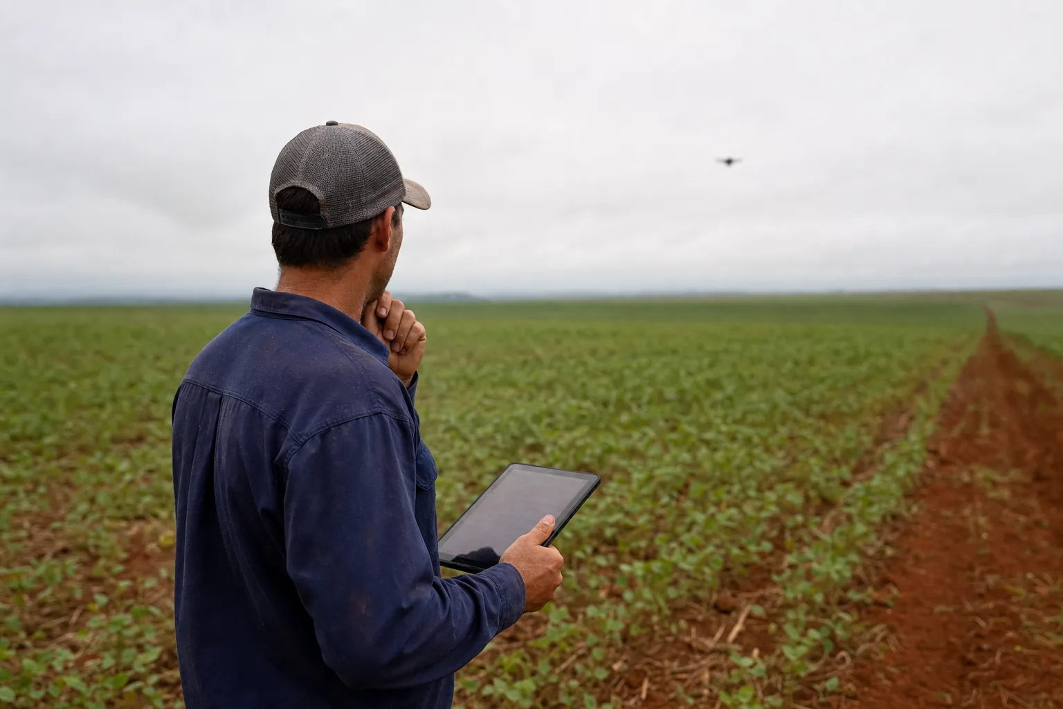 A person in a blue shirt holds a tablet in a field with a distant drone.