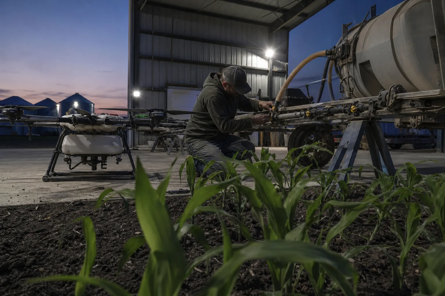 A person crouches near a large drone and a tank attached to a trailer behind young corn plants.